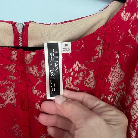 Julian Taylor Red Sleeveless Fit and Flare Lace Overlay Dress - Picture 3 of 10
